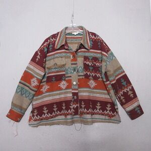 La Miel Shirt Jacket Shacket Medium Southwestern Aztec Fray Hem Boho‎ Festival